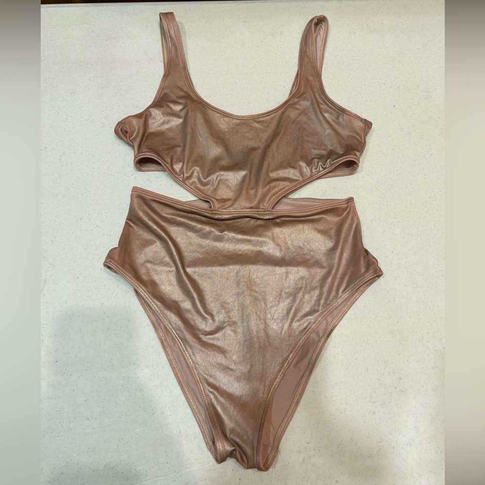 (M) Aerie Beige Velvet Inspired Fabric One Piece Swimsuit